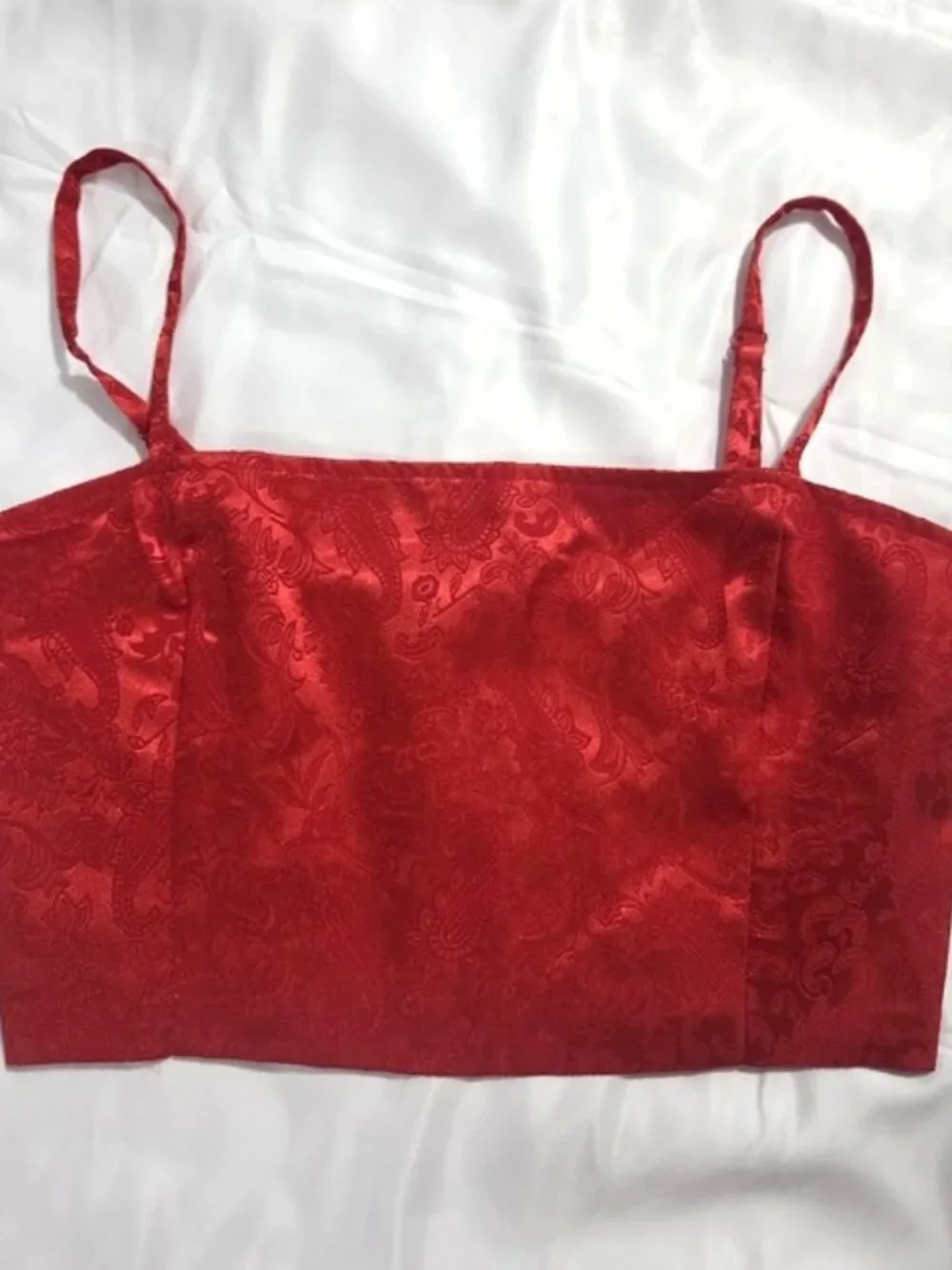 Sugar Thrillz Red Satin Corset Crop Top Lace Jacquard Bustier M - Picture 6 of 7